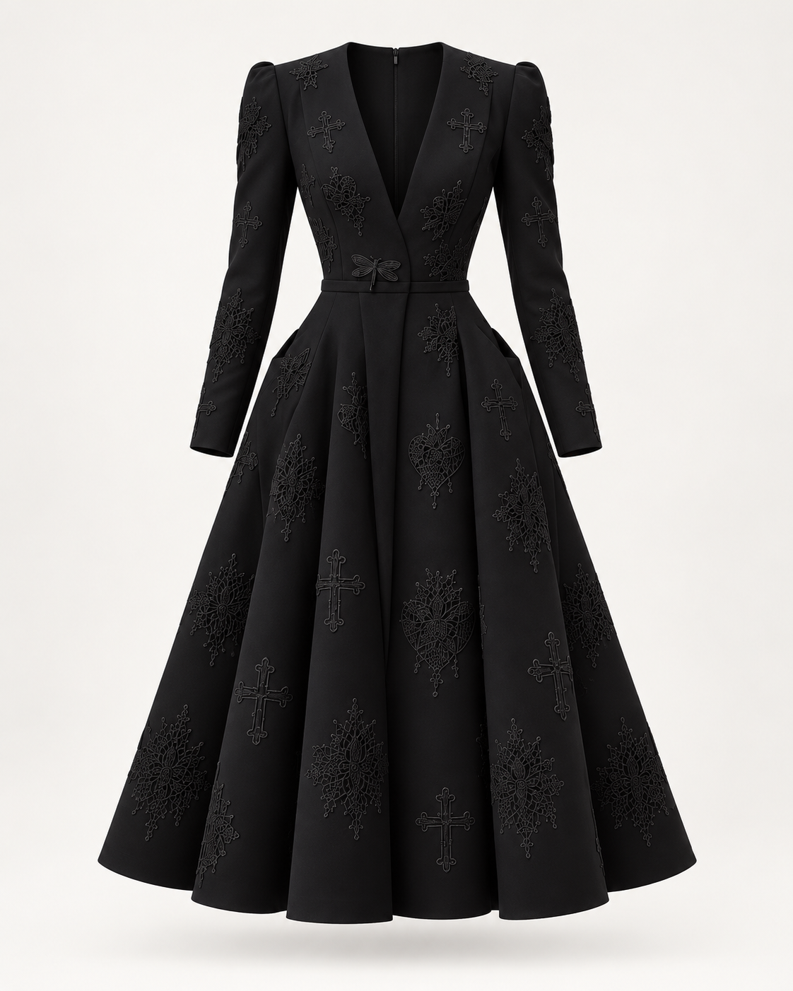 LIGNES D’OMBRE V-Neck Embroidered Full-Skirt Dress in Black, front ghost-mannequin view showing the V neckline, long sleeves, defined waist and full midi skirt.