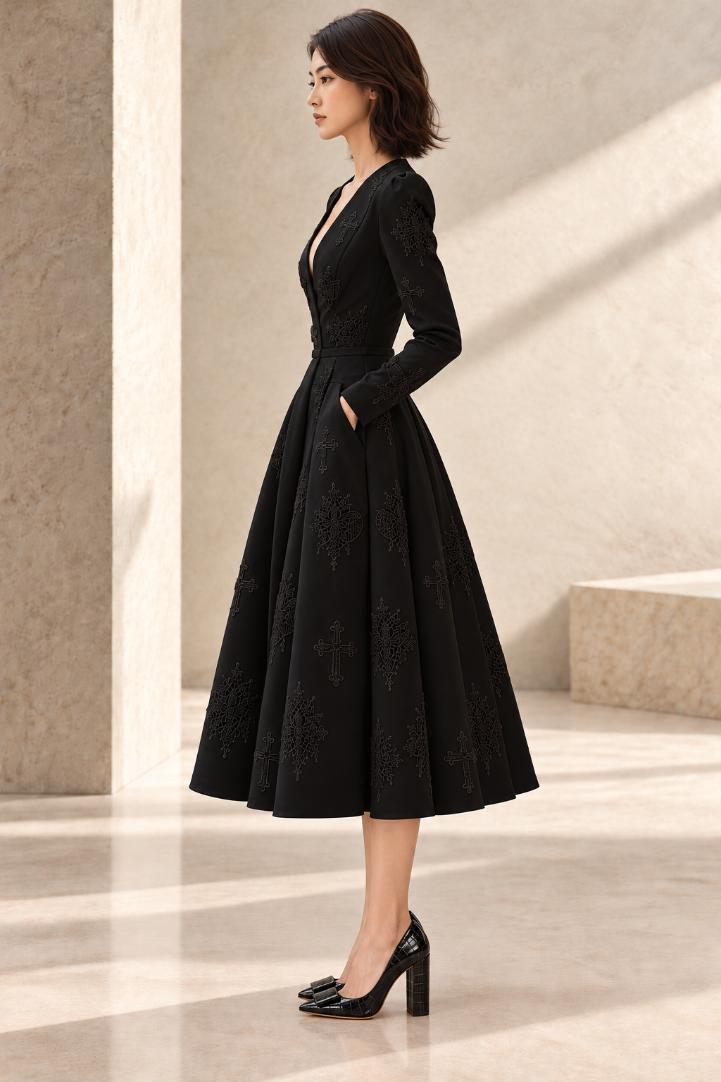 LIGNES D’OMBRE V-Neck Embroidered Full-Skirt Dress in Black, full-length profile showing the V neckline, defined waist and full pleated skirt.