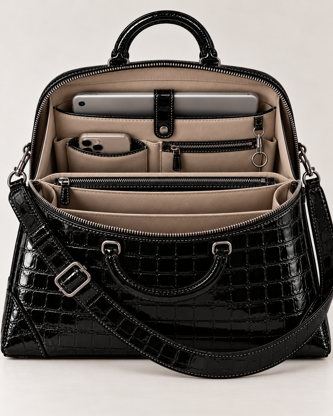 Open view of the black croc-effect handbag, showing beige compartments, phone and tablet pockets, zipped storage and a key ring.