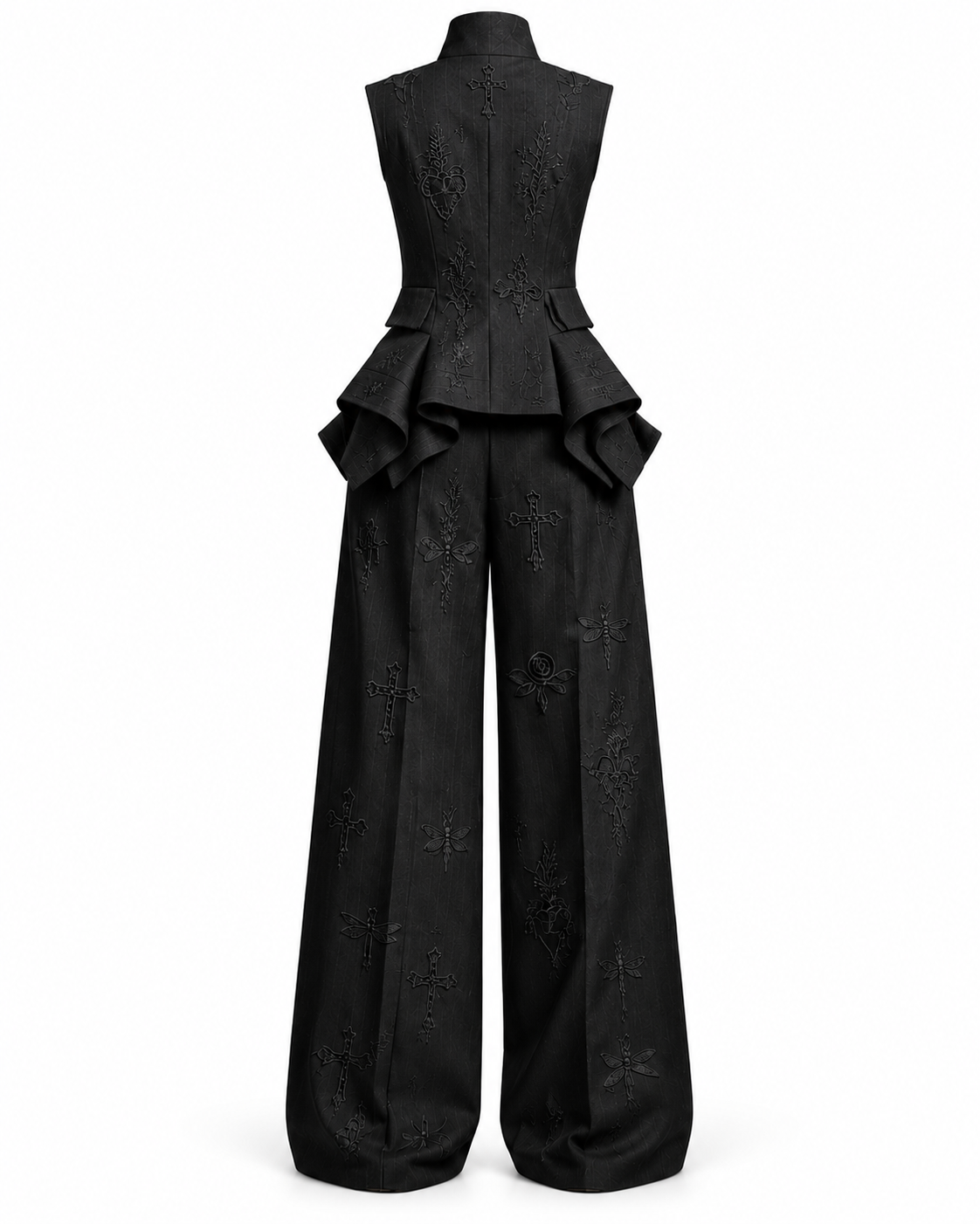 PLIS D’OMBRE Draped Waistcoat & Trouser Set, back ghost-mannequin view showing the embroidered waistcoat, draped peplum and wide-leg trousers.