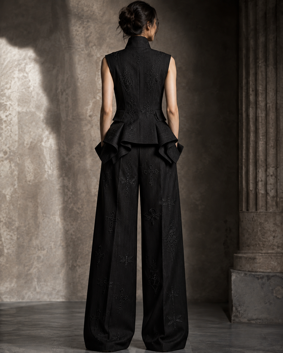PLIS D’OMBRE Draped Waistcoat & Trouser Set, full-length back view showing the embroidered sleeveless waistcoat, draped peplum and wide-leg trousers.