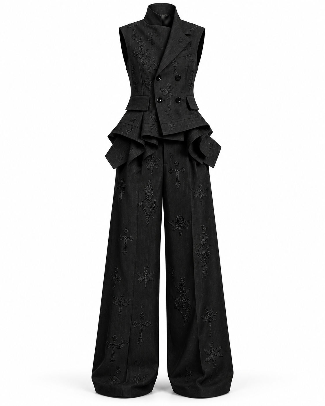 PLIS D’OMBRE Draped Waistcoat & Trouser Set, front ghost-mannequin view showing the embroidered waistcoat, draped hip folds and wide-leg trousers.