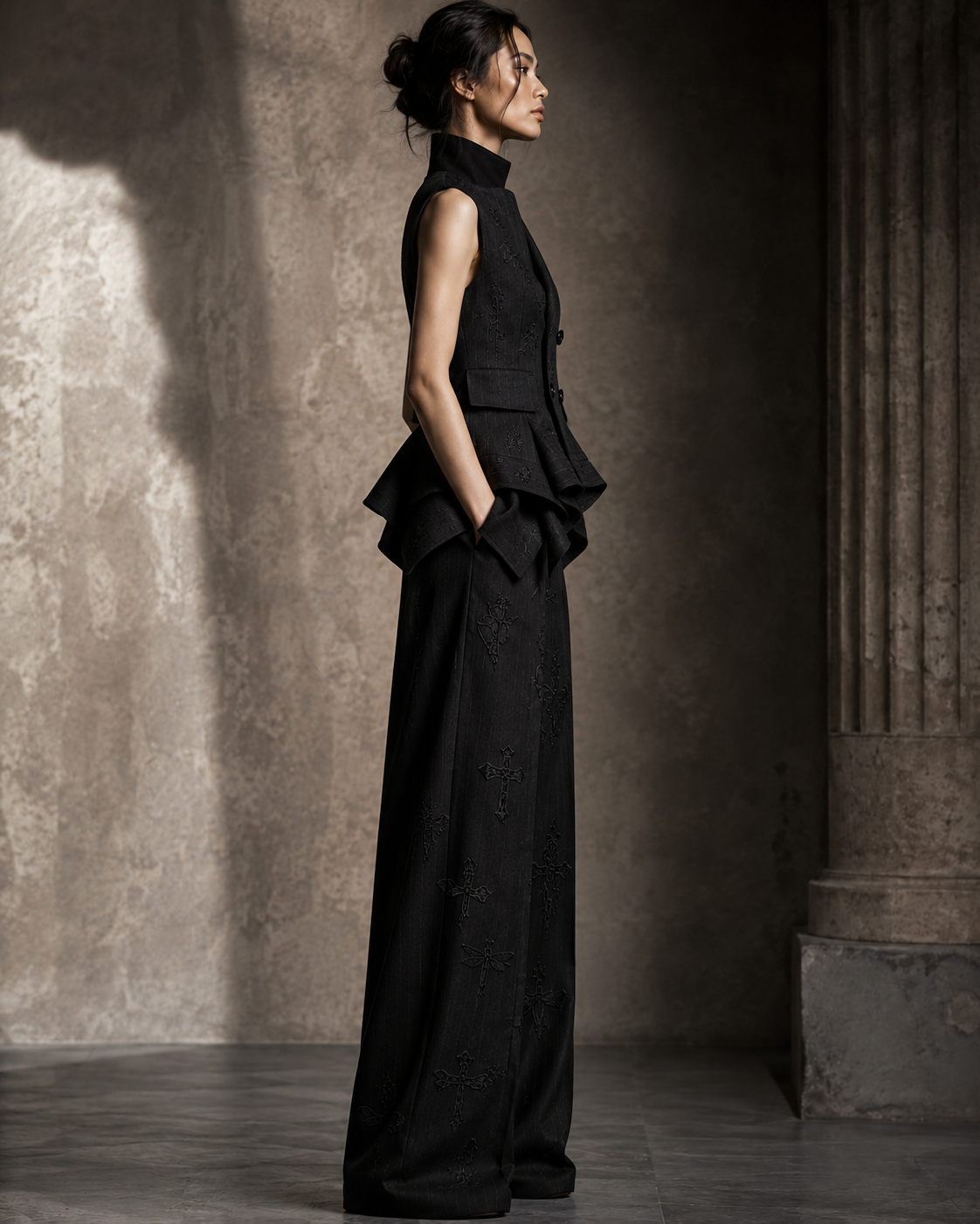 PLIS D’OMBRE Draped Waistcoat & Trouser Set, full-length profile showing the relaxed waist, draped side folds and embroidered wide-leg trousers.