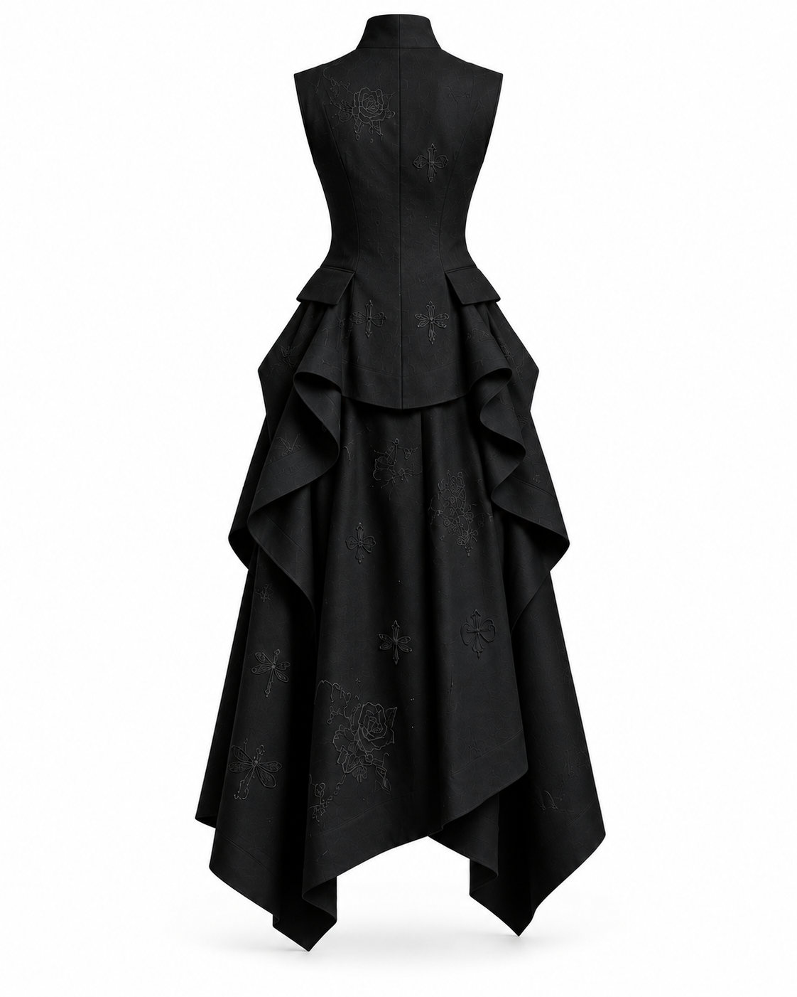 PLIS D’OMBRE dress in Black, back ghost-mannequin view showing the shaped waist, tonal embroidery and draped skirt.