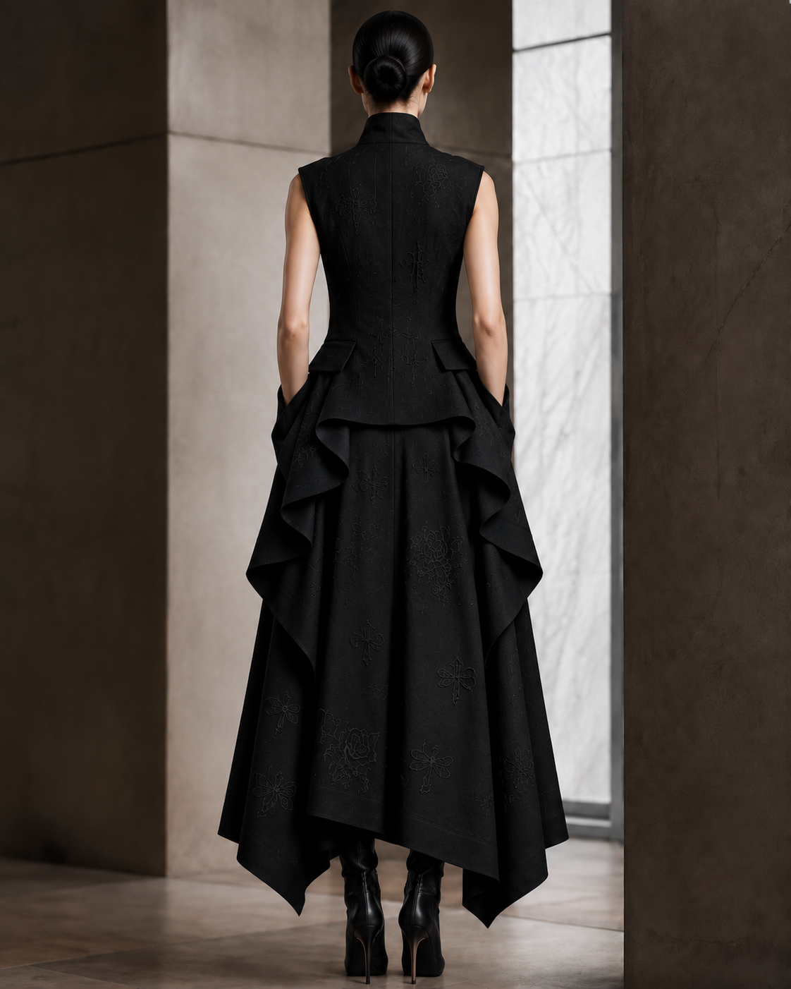PLIS D’OMBRE Sculpted Embroidered Dress in Black, full-length back view showing the sleeveless tailored bodice, tonal embroidery and cascading skirt panels.
