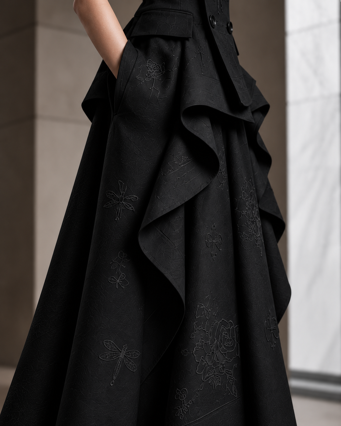 PLIS D’OMBRE dress in Black, detail of cascading sculpted folds and tonal floral embroidery at the hip.