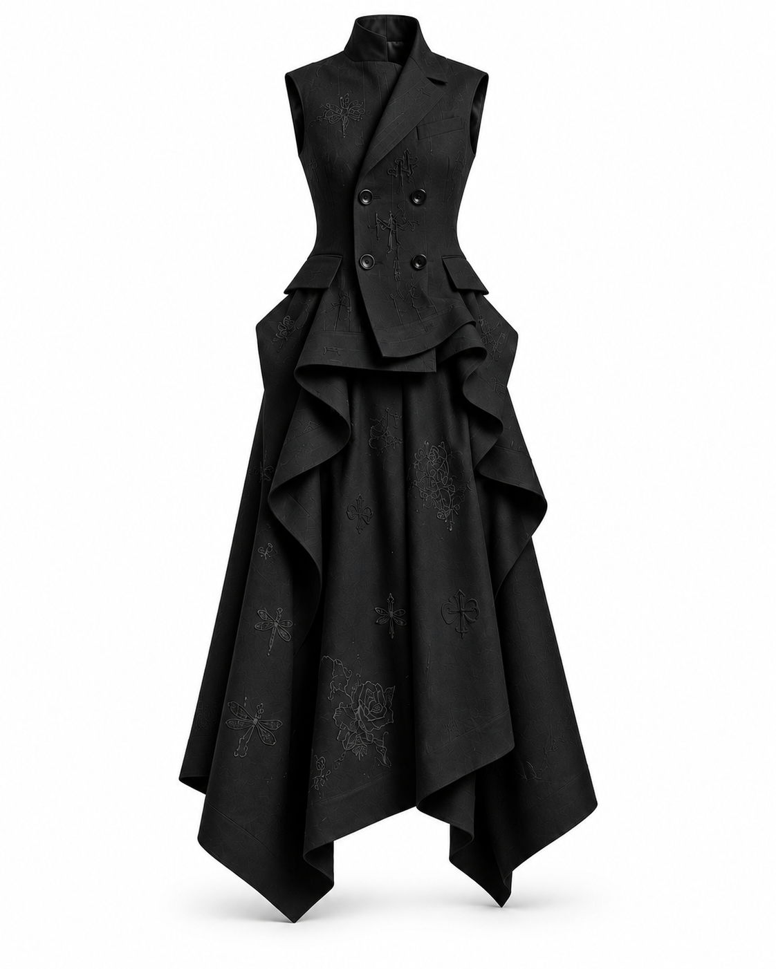 PLIS D’OMBRE dress in Black, front ghost-mannequin view showing the tailored bodice, sculpted hip folds and asymmetric skirt.