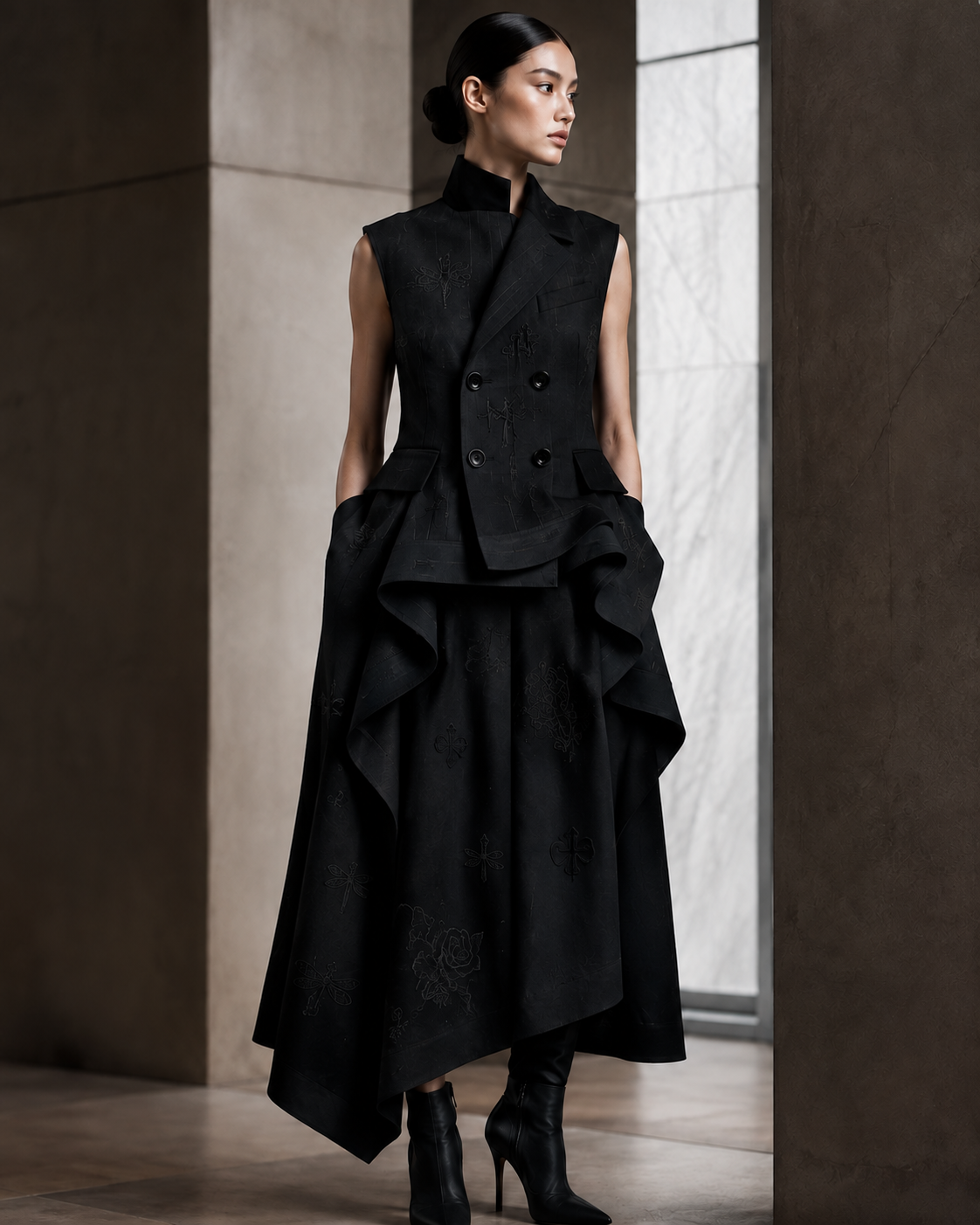 PLIS D’OMBRE Sculpted Embroidered Dress in Black, front view showing the double-breasted bodice, sculpted hip folds and asymmetric long skirt.