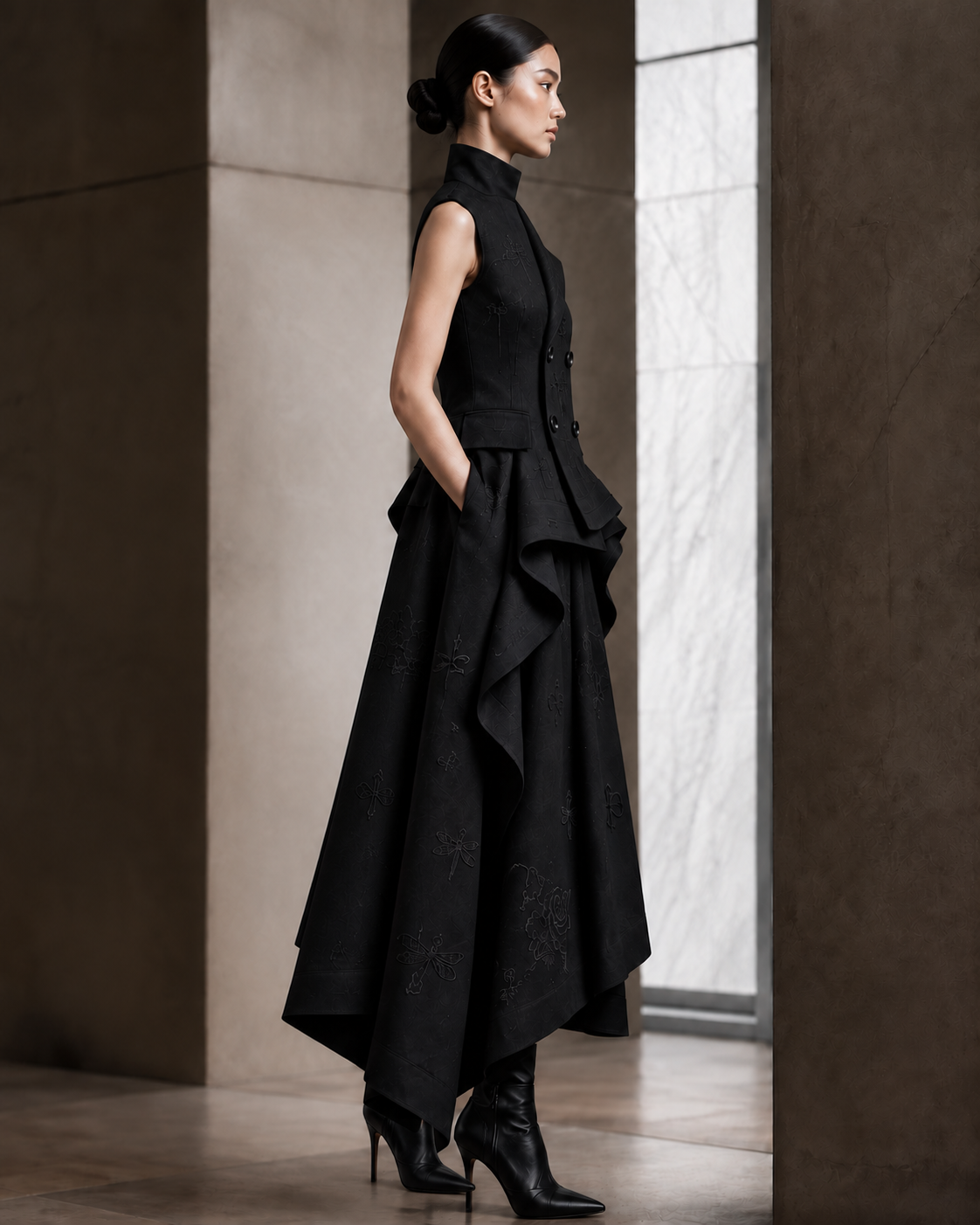PLIS D’OMBRE Sculpted Embroidered Dress in Black, full-length profile with black boots, showing the high collar, relaxed waist, sculpted side folds and tonal embroidery.
