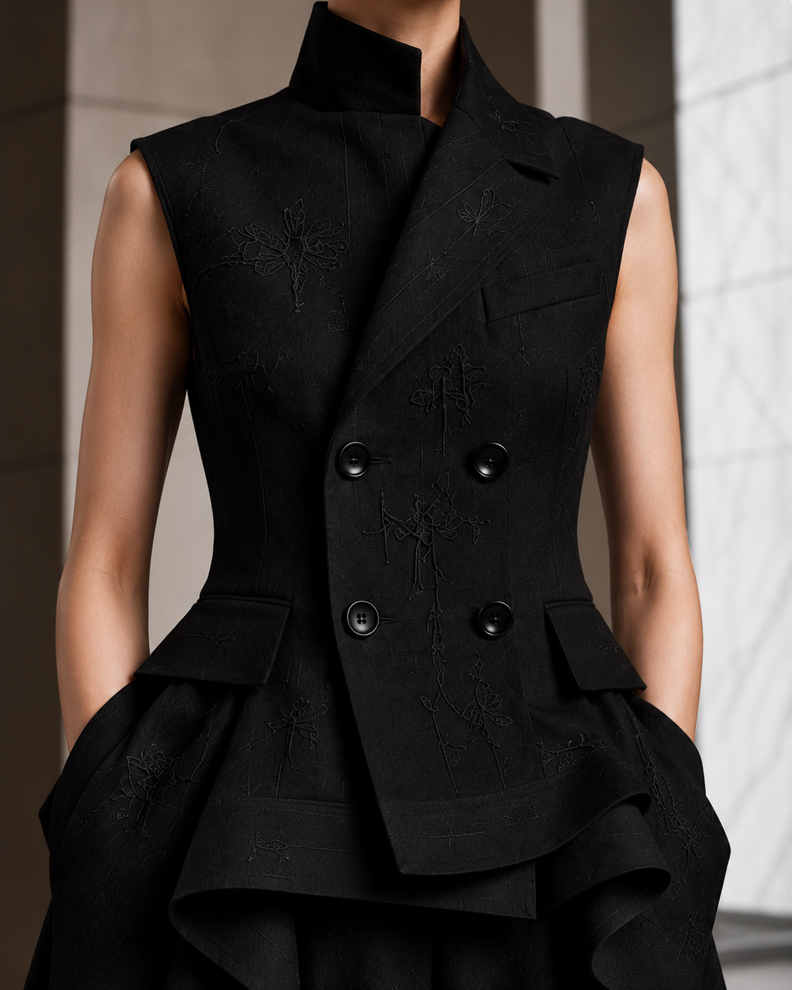 PLIS D’OMBRE dress in Black, close view of the collar, asymmetric lapel, double-breasted buttons and tonal embroidery.