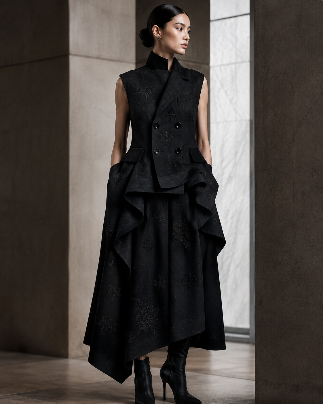 Black embroidered sleeveless dress with a double-breasted tailored bodice, sculpted folds at the hips and an asymmetric long skirt.