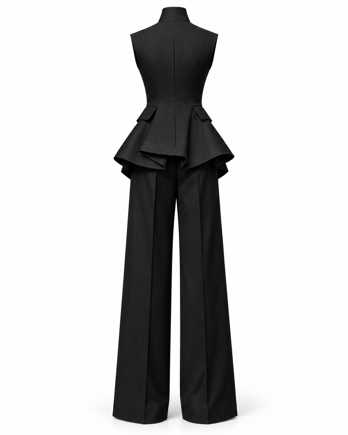 PLIS D’OMBRE Structured Waistcoat & Trouser Set, back ghost-mannequin view showing the shaped waistcoat, layered peplum and wide-leg trousers.