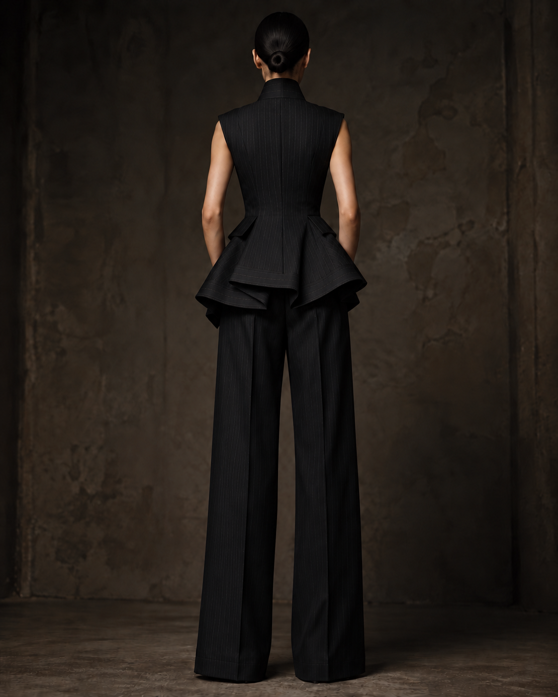 PLIS D’OMBRE Structured Waistcoat & Trouser Set, full-length back view showing the shaped waistcoat, layered peplum and wide-leg trousers.