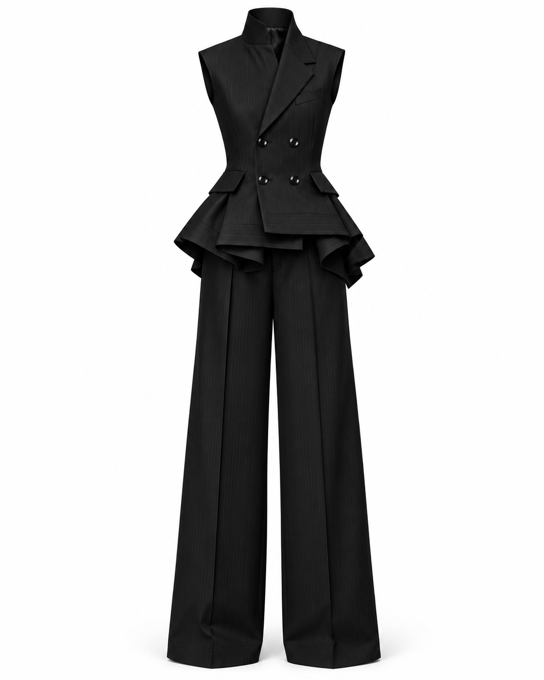PLIS D’OMBRE Structured Waistcoat & Trouser Set, front ghost-mannequin view showing the double-breasted waistcoat, sculpted peplum and wide-leg trousers.