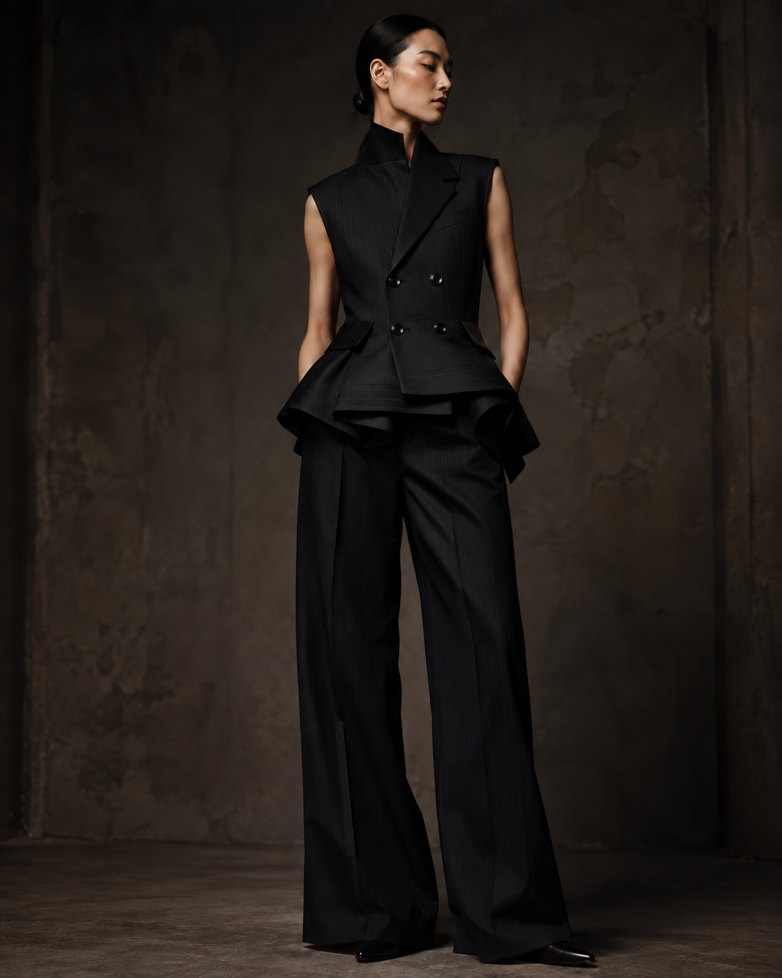 PLIS D’OMBRE Structured Waistcoat & Trouser Set, front view showing the pinstripe double-breasted sleeveless waistcoat, sculpted peplum and wide-leg trousers.