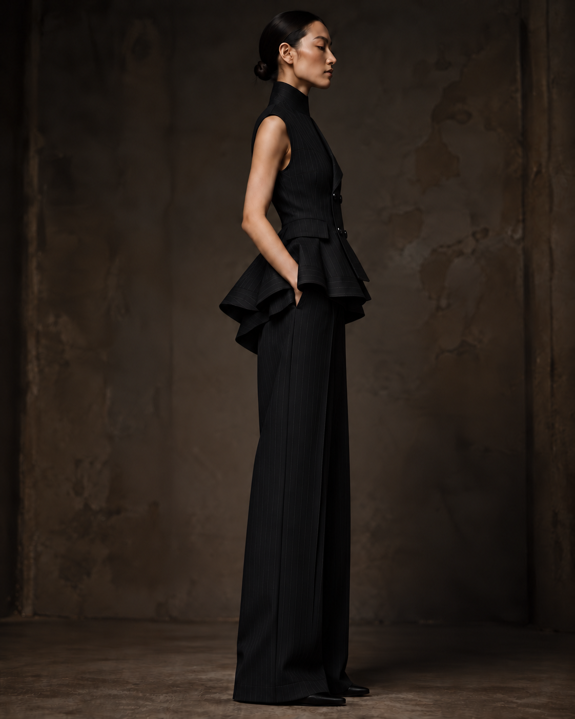 PLIS D’OMBRE Structured Waistcoat & Trouser Set, full-length profile showing the high collar, sculpted peplum and wide-leg trousers.