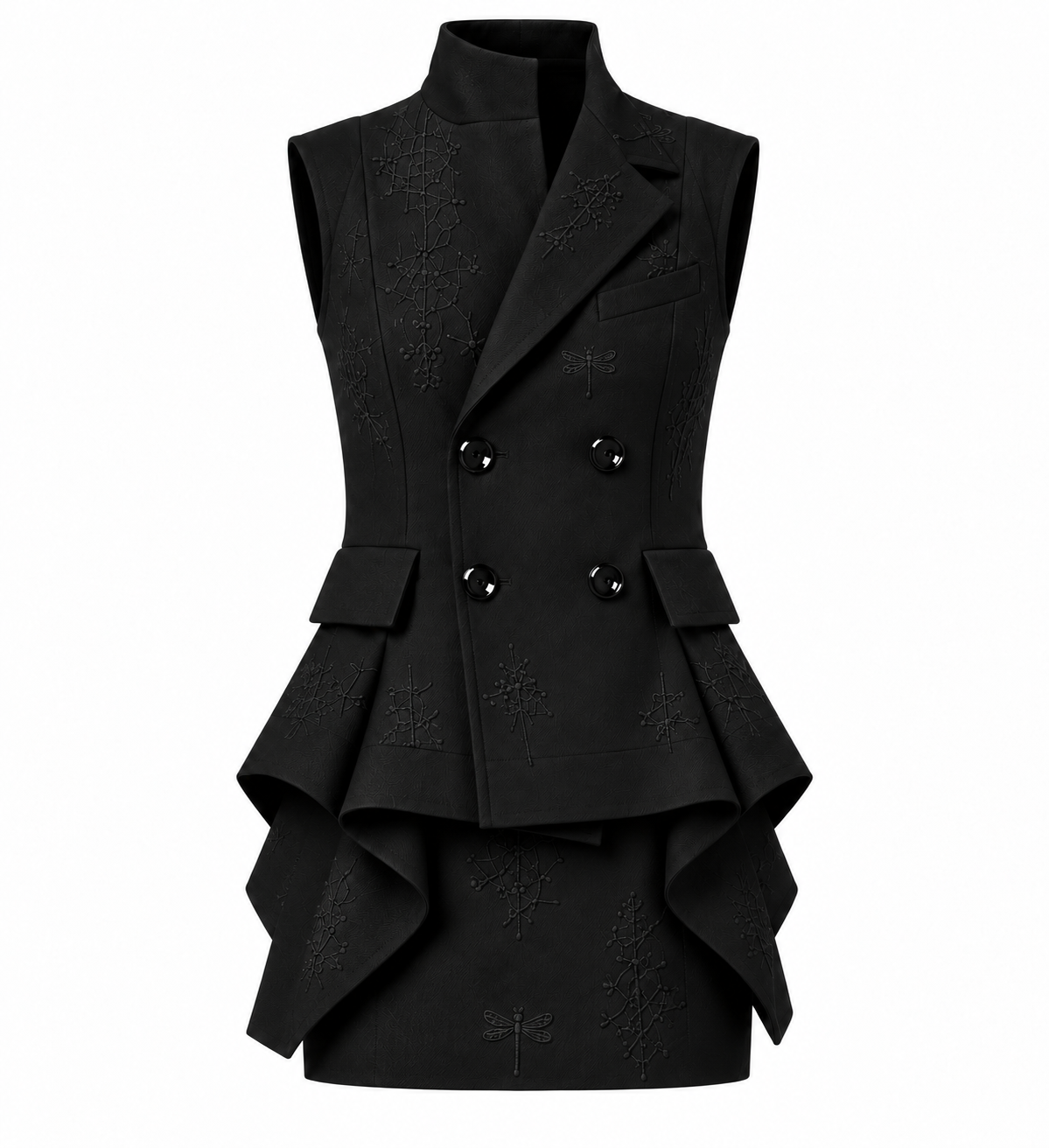 PLIS D’OMBRE Tailored Embroidered Mini Dress in Black, front ghost-mannequin view showing the tailored sleeveless bodice, gently shaped waist, sculpted folds and mini skirt.